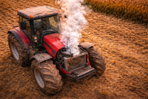 Перегрев двигателя сельхозтехники — трактор с открытым капотом и паром из моторного отсека, вид сверху