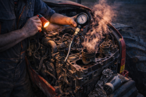 Механик проводит диагностику двигателя сельхозтехники и проверяет износ перед ремонтом