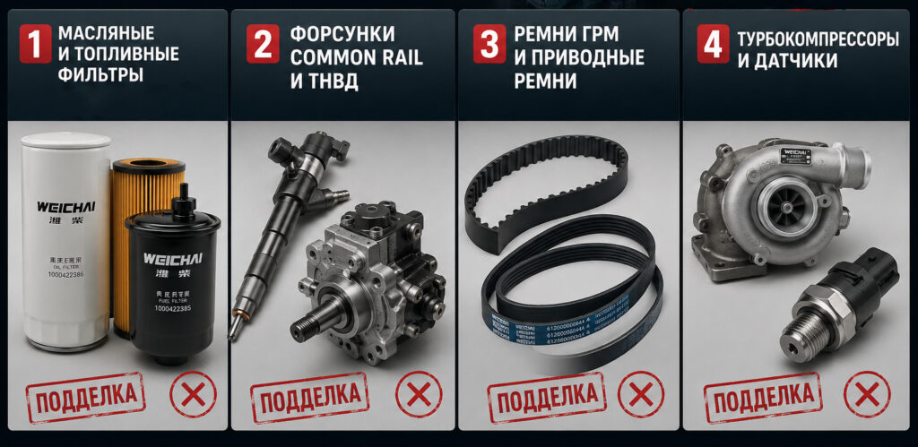 Топ запчастей Weichai, которые подделывают чаще всего: фильтры, форсунки, ремни
